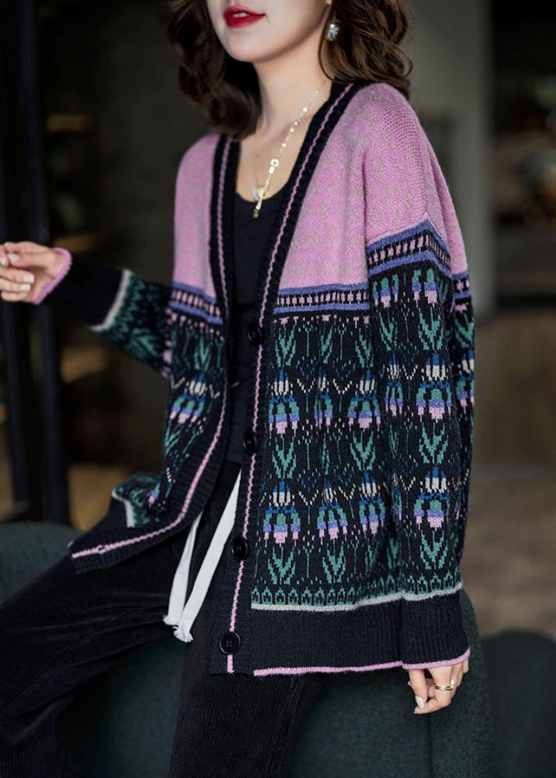 Boho Czarny Różowy Oversize Patchworkowy Leniwy Sweter Z Dzianiny Zimowy - Kardigany damskie