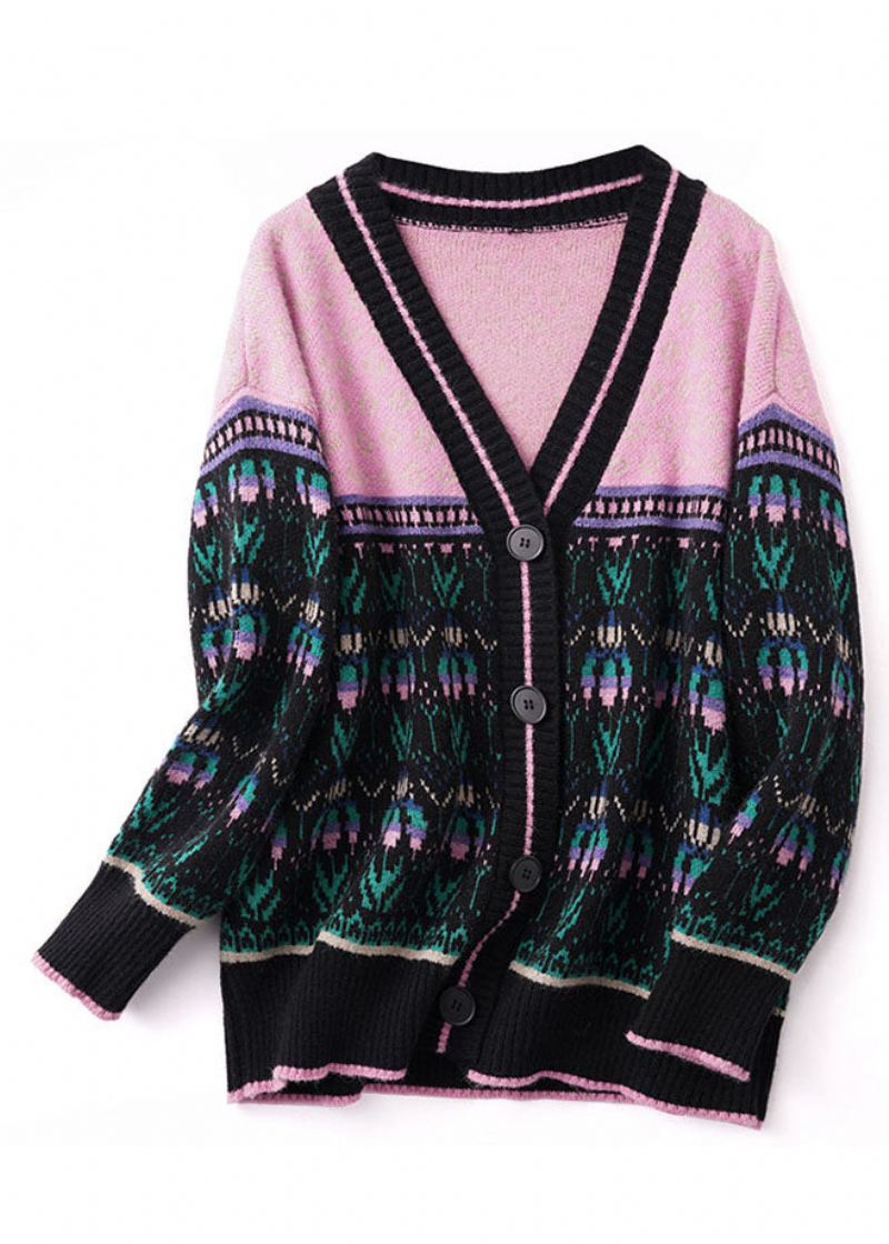 Boho Czarny Różowy Oversize Patchworkowy Leniwy Sweter Z Dzianiny Zimowy - Kardigany damskie