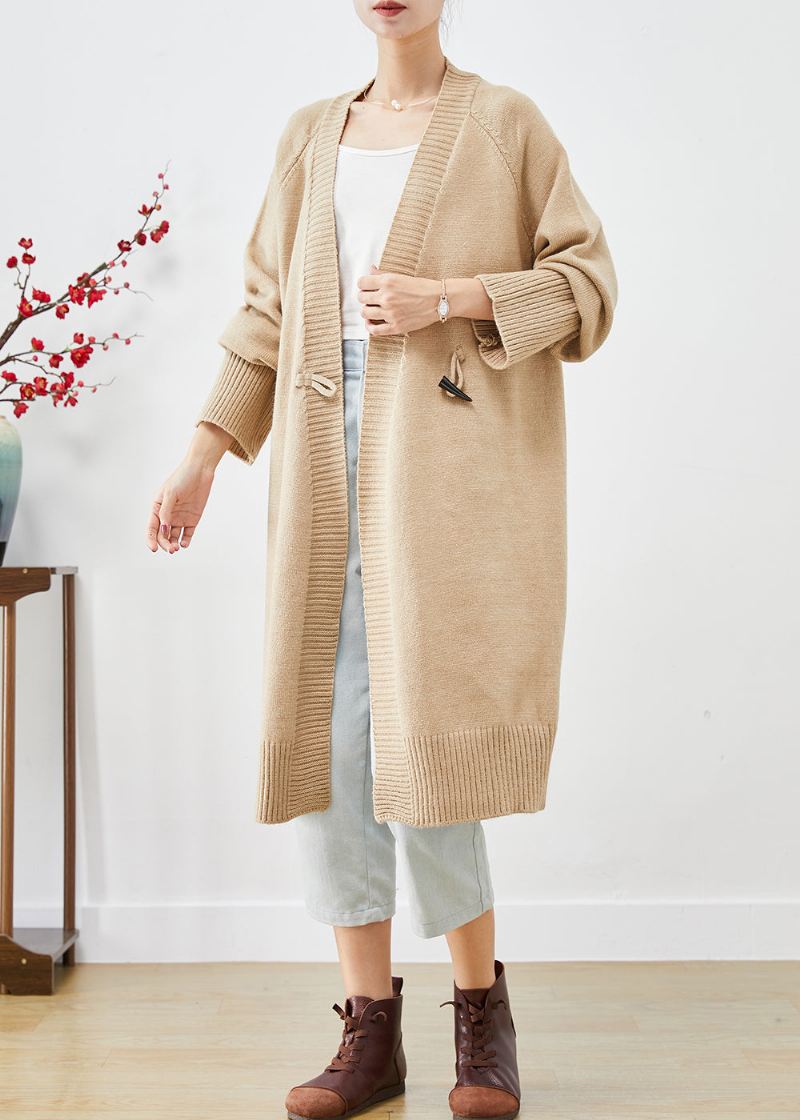 Boho Light Camel Oversize Z Dzianiny Zapinanej Na Guziki Luźny Płaszcz Jesienny - Kardigany damskie