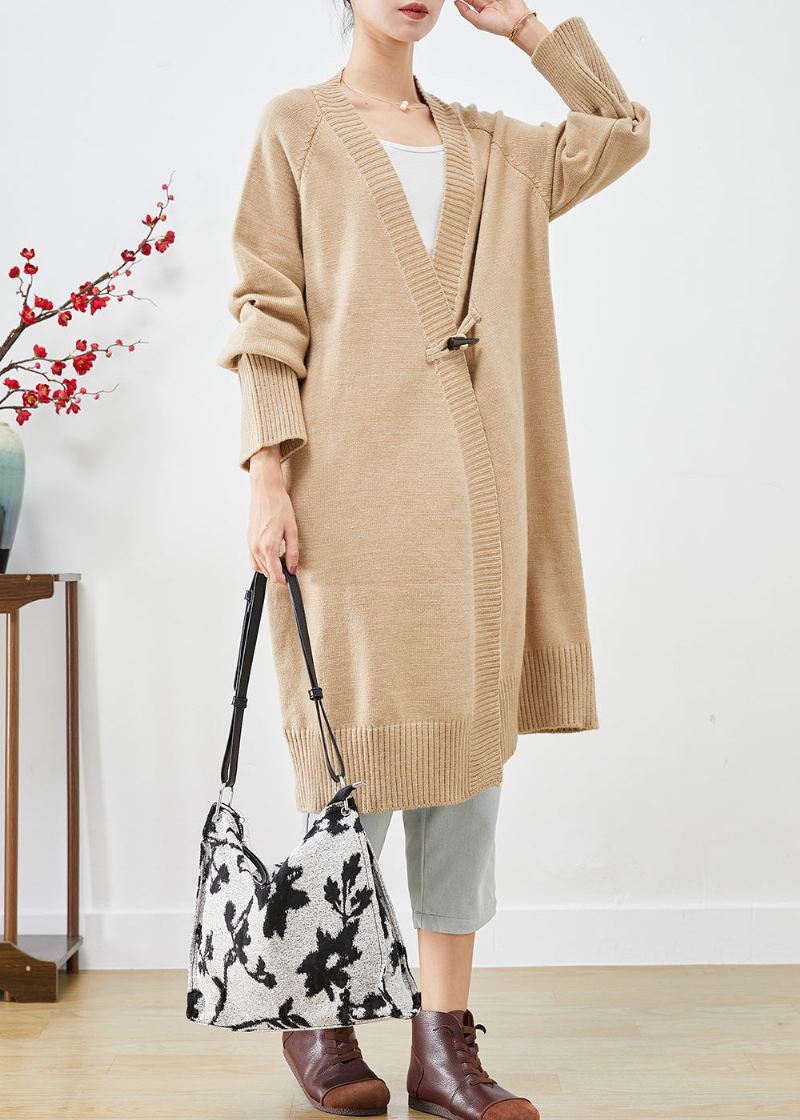 Boho Light Camel Oversize Z Dzianiny Zapinanej Na Guziki Luźny Płaszcz Jesienny - Kardigany damskie