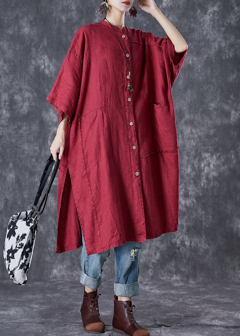 Boho Mulberry Oversize Patchworkowy Długi Lniany Kardigan Z Odkrytymi Bokami Na Lato - Kardigany damskie