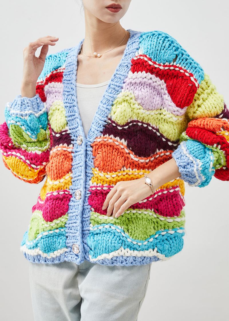 Boho Tęczowy Oversize'owy Patchworkowy Sweterek Na Drutach Wiosenny