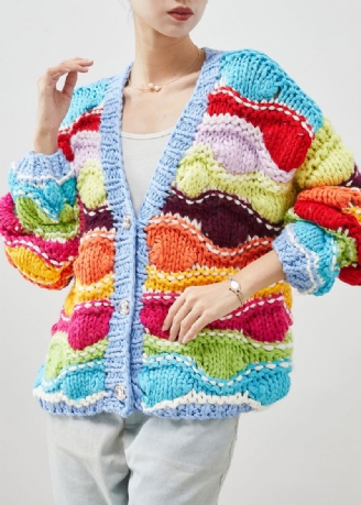 Boho Tęczowy Oversize'owy Patchworkowy Sweterek Na Drutach Wiosenny