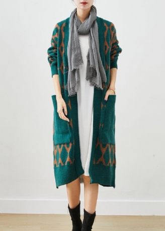 Boho Zielony Oversize'owy Patchworkowy Sweterek Z Kieszeniami Dzianinowy Kardigan Jesienny