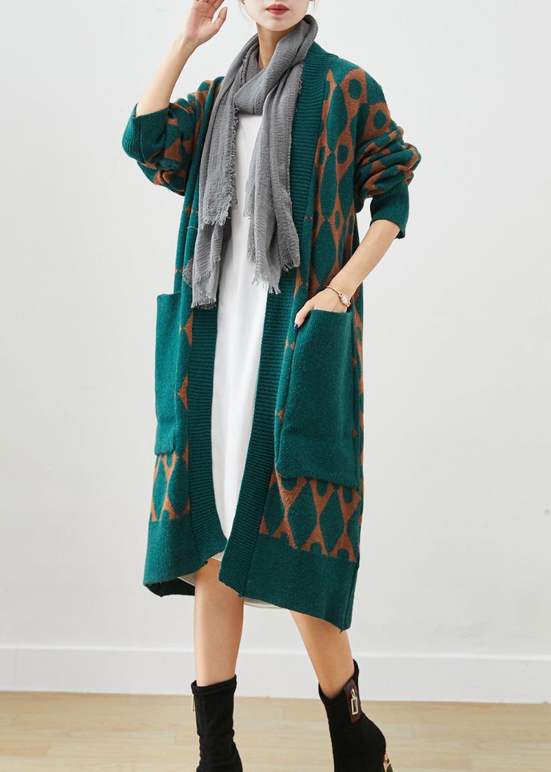 Boho Zielony Oversize'owy Patchworkowy Sweterek Z Kieszeniami Dzianinowy Kardigan Jesienny - Kardigany damskie