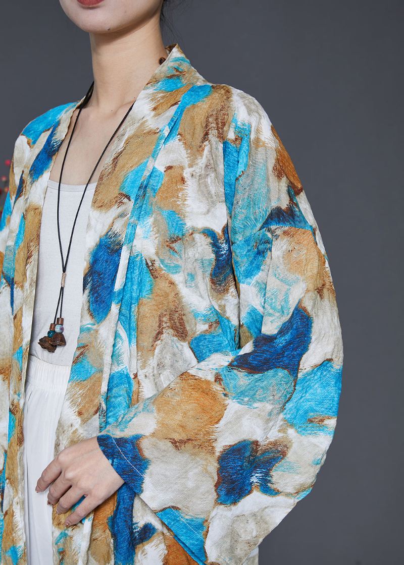 Plus Size Niebieskie Oversize'owe Bawełniane Kardigany Typu Tie-dye Wiosenne - Kardigany damskie