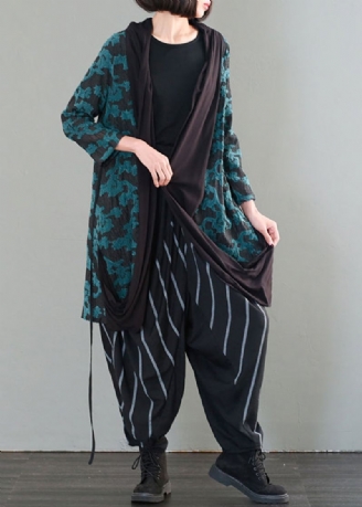 Plus Size Zielony Oversize'owy Patchworkowy Żakardowy Bawełniany Kardigan Jesienny