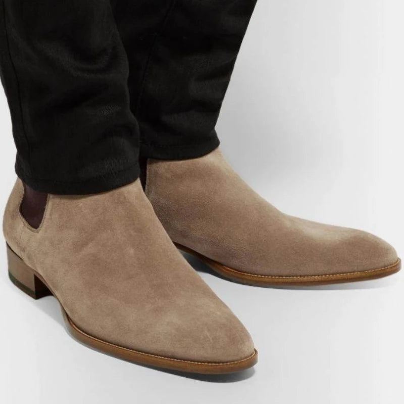 Chelsea Boots Męskie Zamszowe Prawdziwej Skóry Matowe Szpiczaste Niskie Obcasy Biznesowe Buty Formalne Klasyczne Komfortowe Oddychające - Khaki