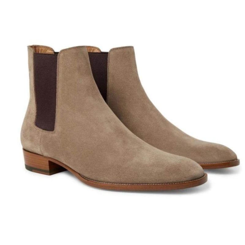 Chelsea Boots Męskie Zamszowe Prawdziwej Skóry Matowe Szpiczaste Niskie Obcasy Biznesowe Buty Formalne Klasyczne Komfortowe Oddychające - Khaki