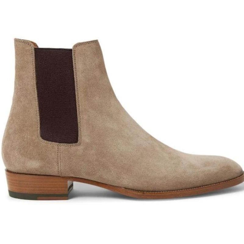 Chelsea Boots Męskie Zamszowe Prawdziwej Skóry Matowe Szpiczaste Niskie Obcasy Biznesowe Buty Formalne Klasyczne Komfortowe Oddychające - Khaki