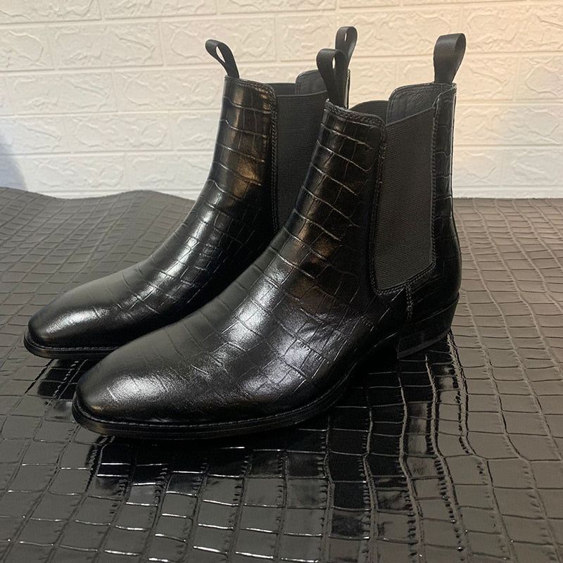 Ekskluzywne Wsuwane Buty Na Koturnie Z Motywem Kamieni W Stylu Paris Skórzane Ręcznie Robione Chelsea Boots - Czarny