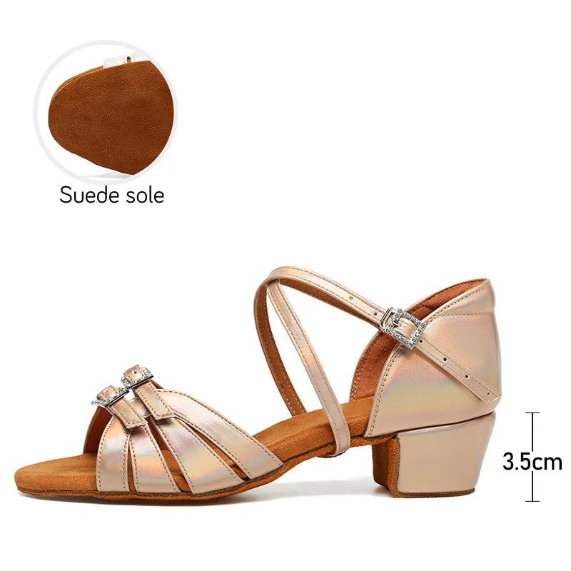 Buty Standardowe Kobieta Ballroom Latin Shoes Dla Dziewcząt/pań Sandały Na Niskim Obcasie Miękka Zamszowa Podeszwa - Szampan