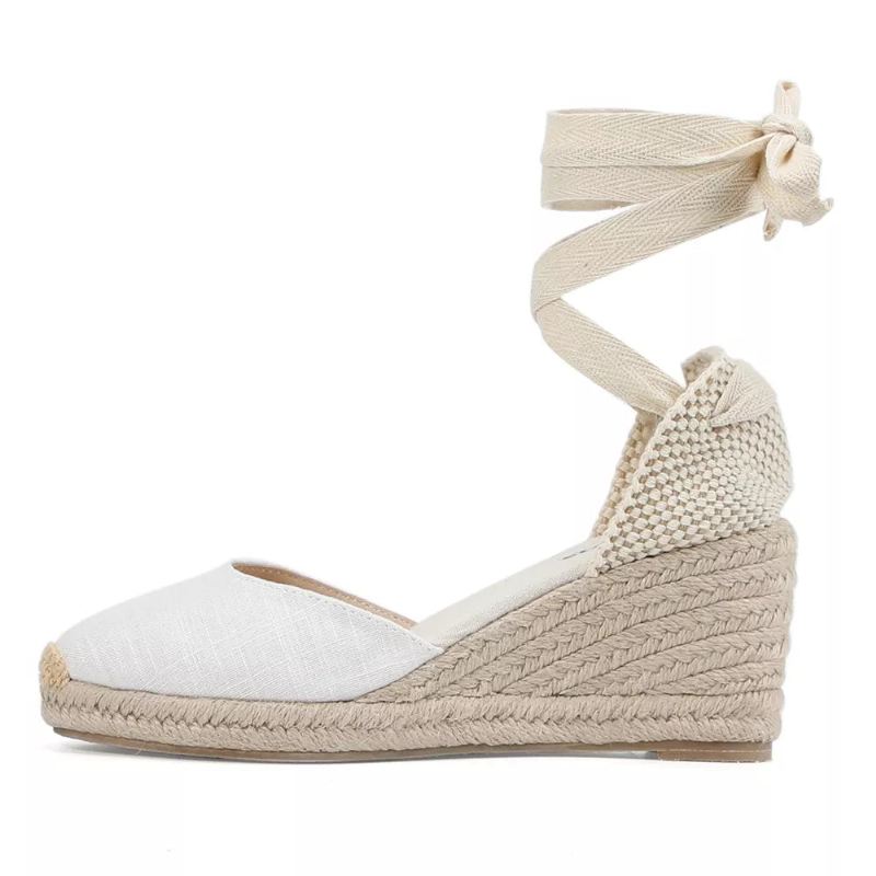 Damskie Letnie Espadryle Na Obcasie Sandały Na Koturnie Buty Z Zamkniętymi Palcami Wiązane Na Krzyż Sznurowane - 9Cm Czarny