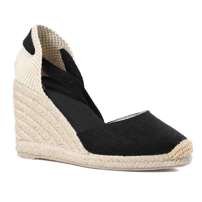 Damskie Letnie Espadryle Na Obcasie Sandały Na Koturnie Buty Z Zamkniętymi Palcami Wiązane Na Krzyż Sznurowane - 9Cm Czarny