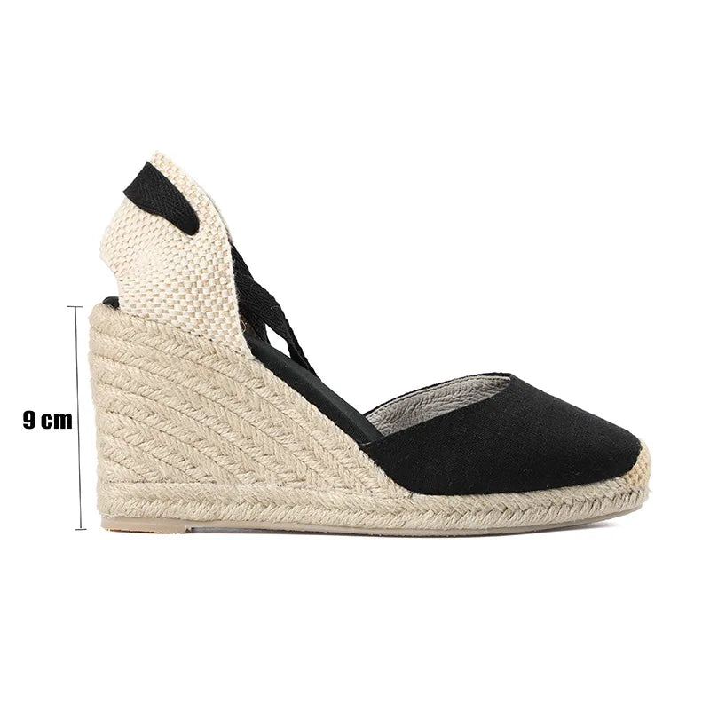 Damskie Letnie Espadryle Na Obcasie Sandały Na Koturnie Buty Z Zamkniętymi Palcami Wiązane Na Krzyż Sznurowane - 9Cm Czarny