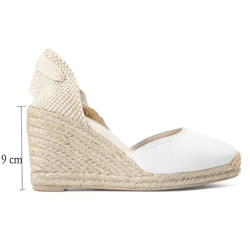 Damskie Letnie Espadryle Na Obcasie Sandały Na Koturnie Buty Z Zamkniętymi Palcami Wiązane Na Krzyż Sznurowane - 9Cm Czarny