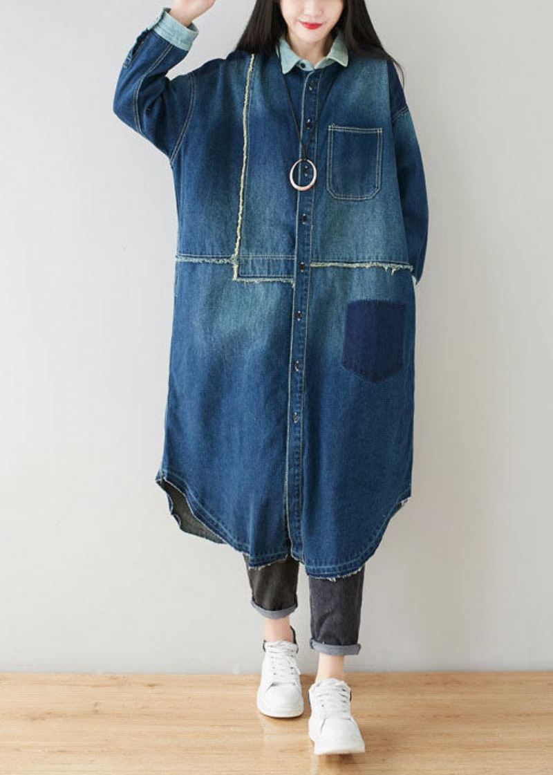 Boho Denim Niebieski Kołnierzyk Piotruś Pan Patchwork Ponadgabarytowy Bawełniany Trencz Wiosna - Płaszcze trenczowe damskie