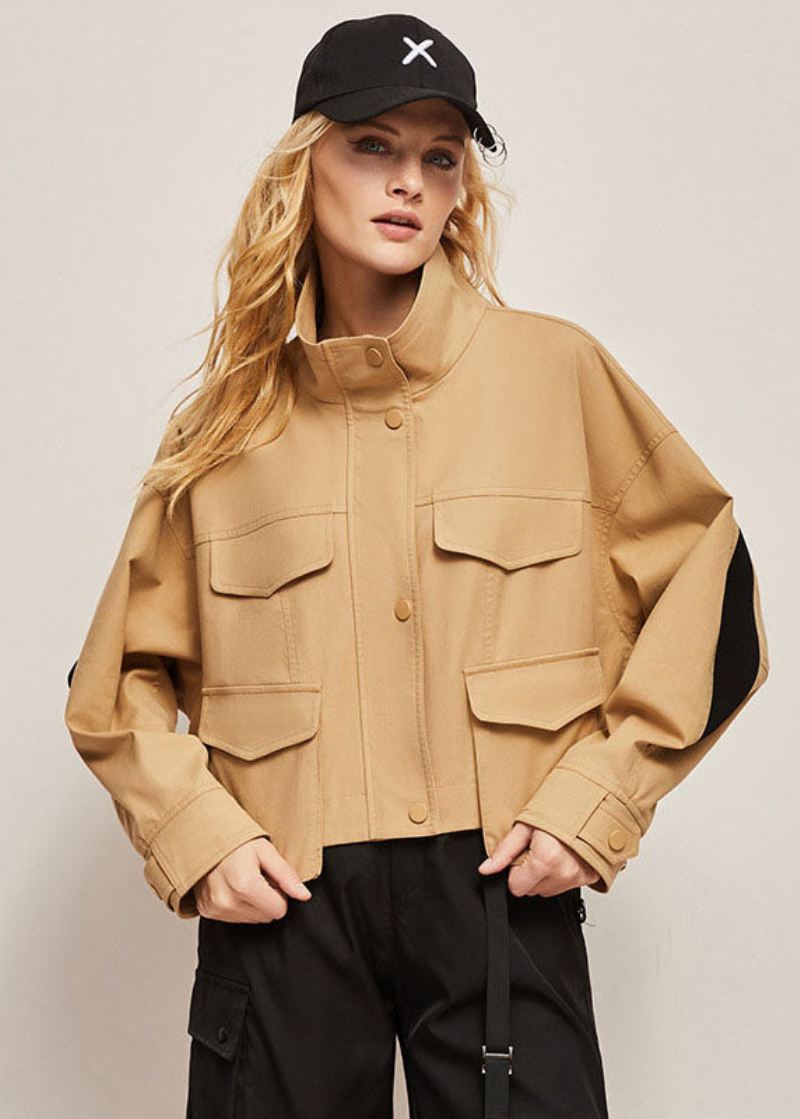 Butikowa Kurtka Khaki Ze Stójką Oversize'ową Patchworkową Bawełnianą Kurtką Wiosenną