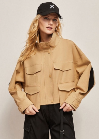 Butikowa Kurtka Khaki Ze Stójką Oversize'ową Patchworkową Bawełnianą Kurtką Wiosenną