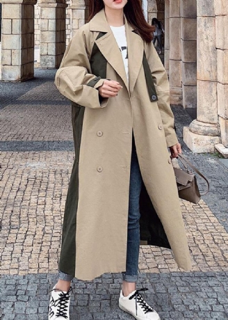 Naturalny Dwurzędowy Delikatny Patchwork. Długie Płaszcze. Płaszcze Oversize W Kolorze Khaki