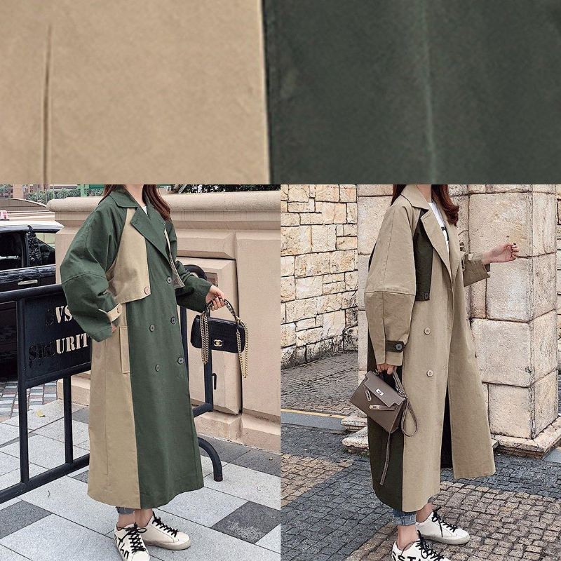 Naturalny Dwurzędowy Delikatny Patchwork. Długie Płaszcze. Płaszcze Oversize W Kolorze Khaki - Płaszcze trenczowe damskie