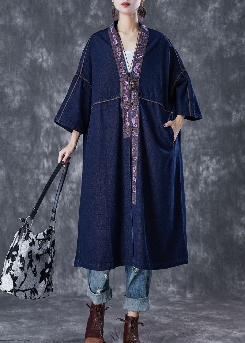 Plus Size Granatowy Haftowany Chiński Guzik Denim Trench Fall