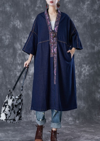 Plus Size Granatowy Haftowany Chiński Guzik Denim Trench Fall