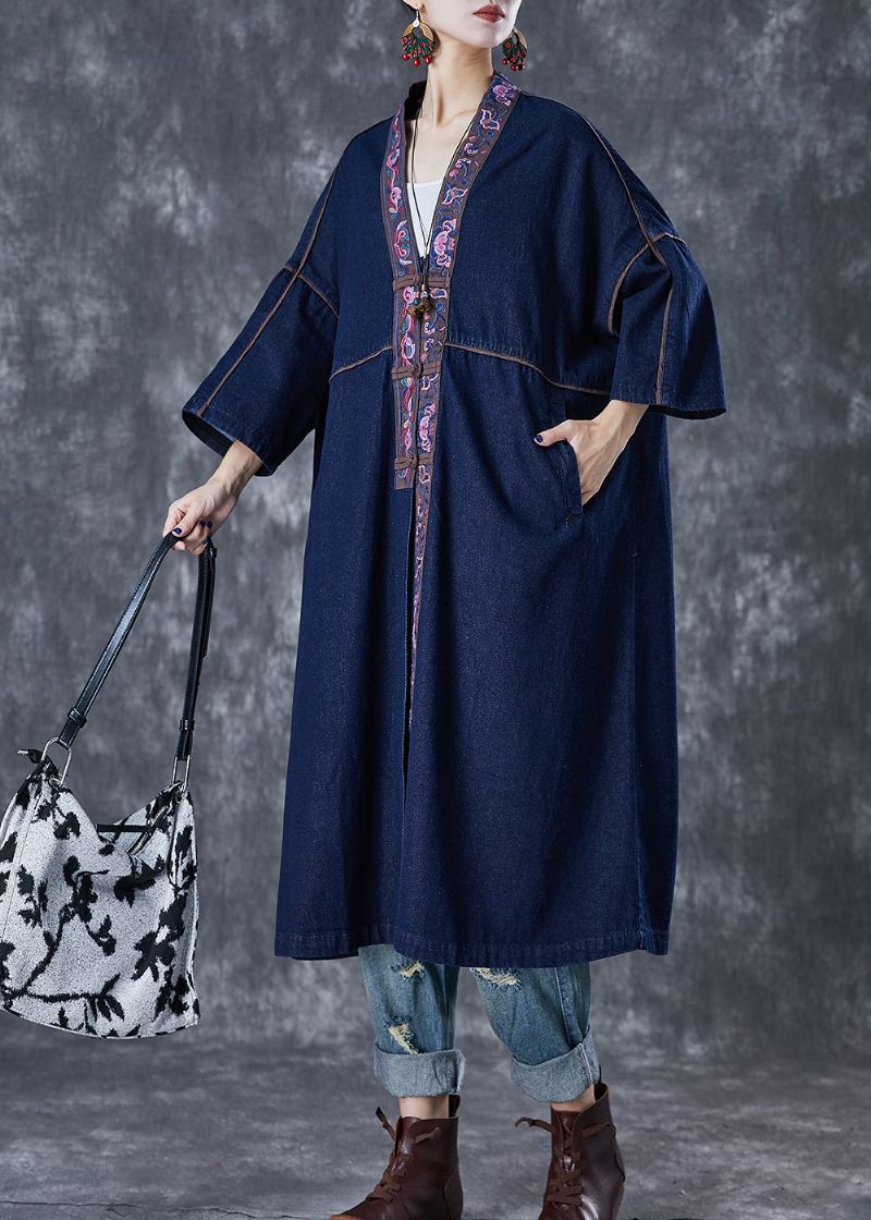 Plus Size Granatowy Haftowany Chiński Guzik Denim Trench Fall - Płaszcze trenczowe damskie