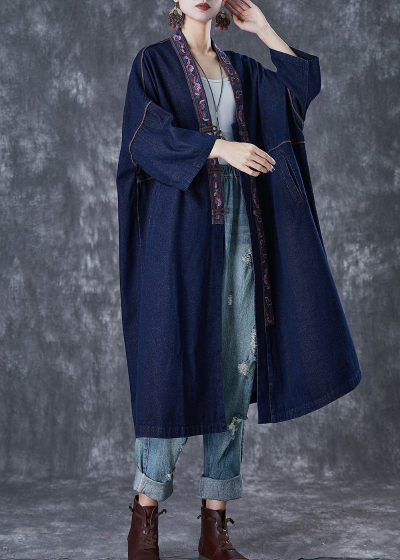 Plus Size Granatowy Haftowany Chiński Guzik Denim Trench Fall - Płaszcze trenczowe damskie