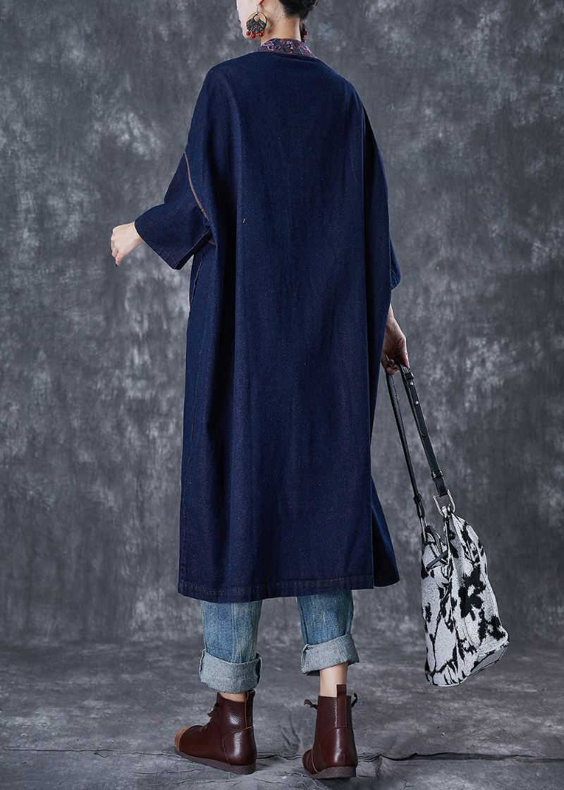 Plus Size Granatowy Haftowany Chiński Guzik Denim Trench Fall - Płaszcze trenczowe damskie