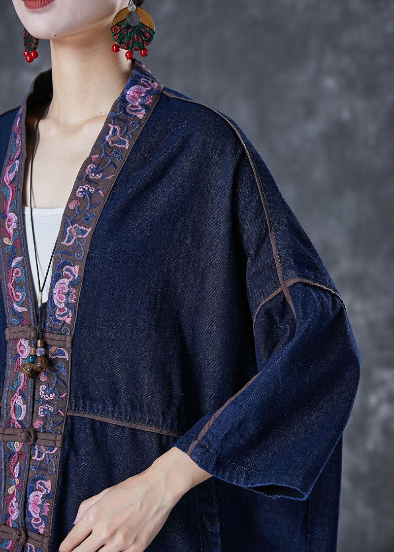 Plus Size Granatowy Haftowany Chiński Guzik Denim Trench Fall - Płaszcze trenczowe damskie