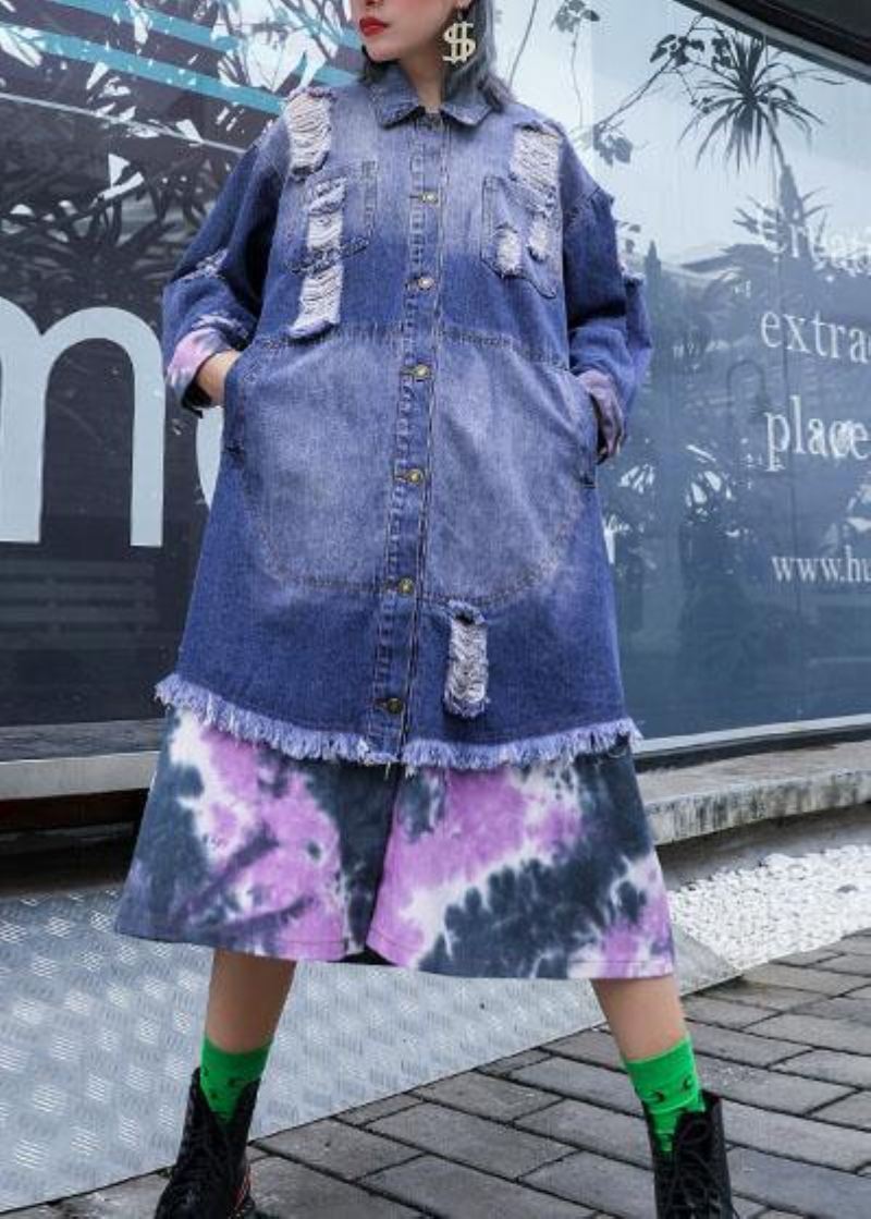 Styl Denim Niebieski Patchwork Eleganckie Tuniki Dla Kobiet Jesienne Kurtki Z Przetartymi Materiałami - Płaszcze trenczowe damskie