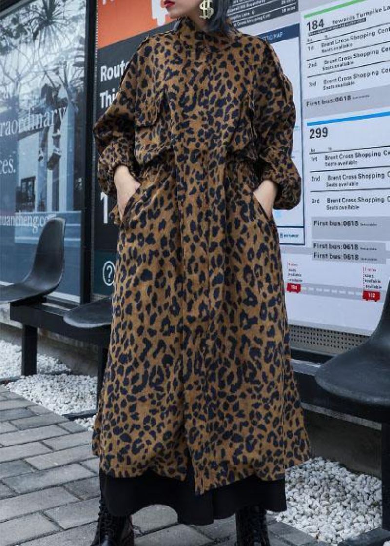 Trencz Francuski Leopard Plus Size Prezentuje Jesienny Płaszcz Zapinany Na Zamek