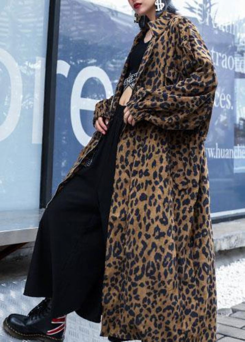 Trencz Francuski Leopard Plus Size Prezentuje Jesienny Płaszcz Zapinany Na Zamek - Czarny