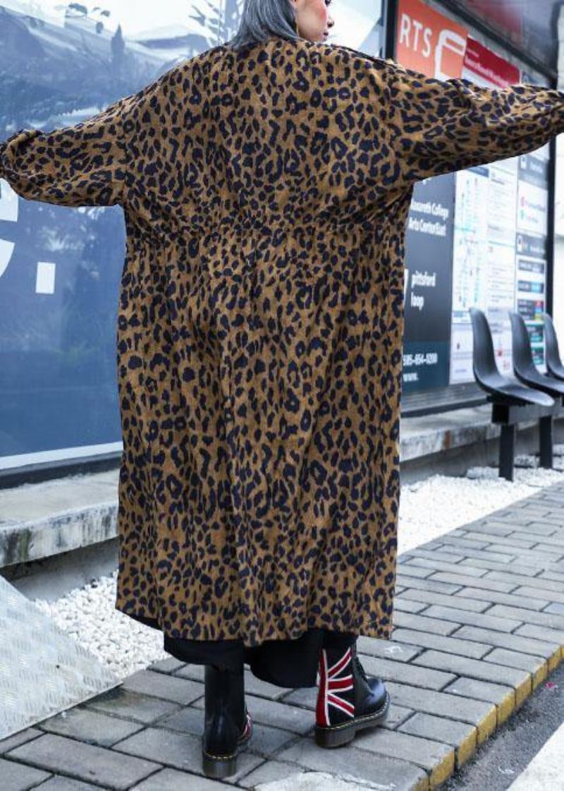 Trencz Francuski Leopard Plus Size Prezentuje Jesienny Płaszcz Zapinany Na Zamek - Czarny