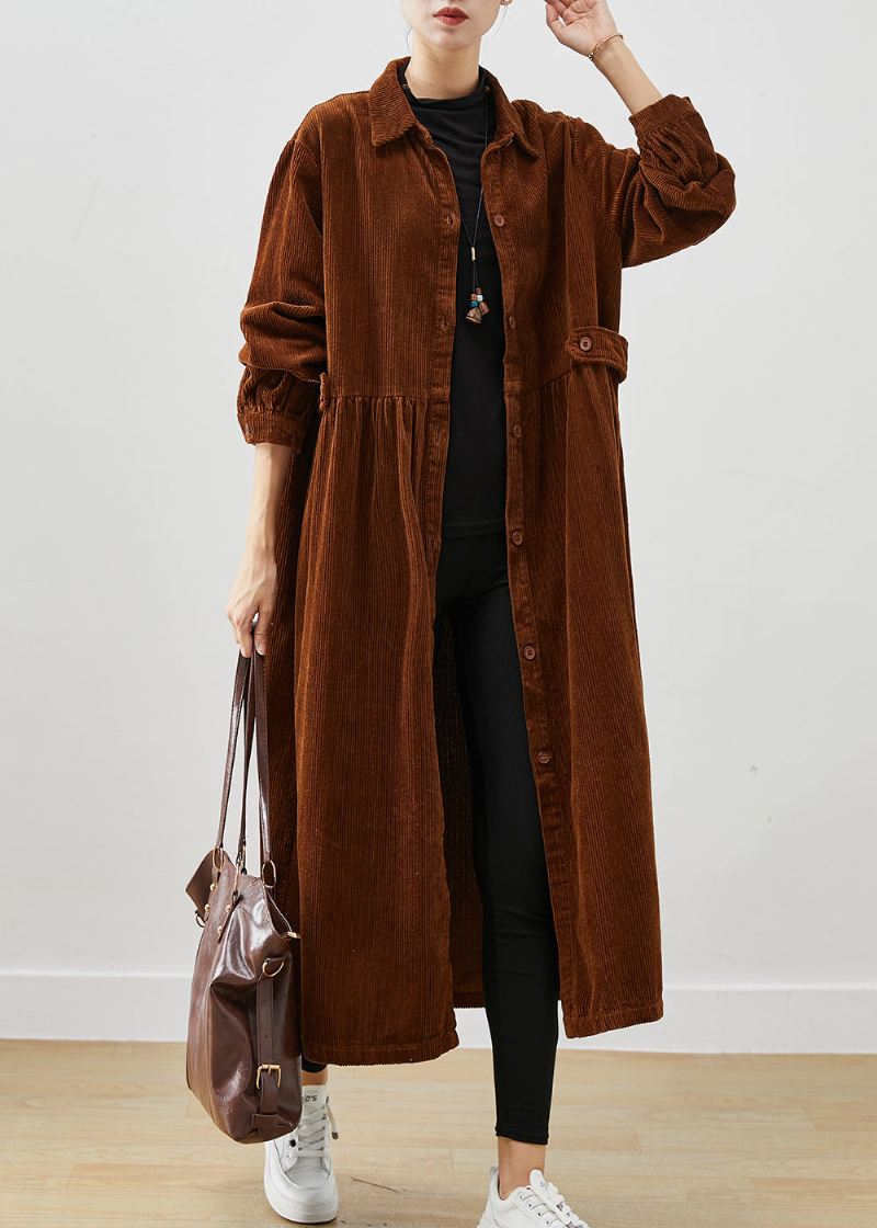 Wiosenne Sztruksowe Trencze Art Brown Oversize