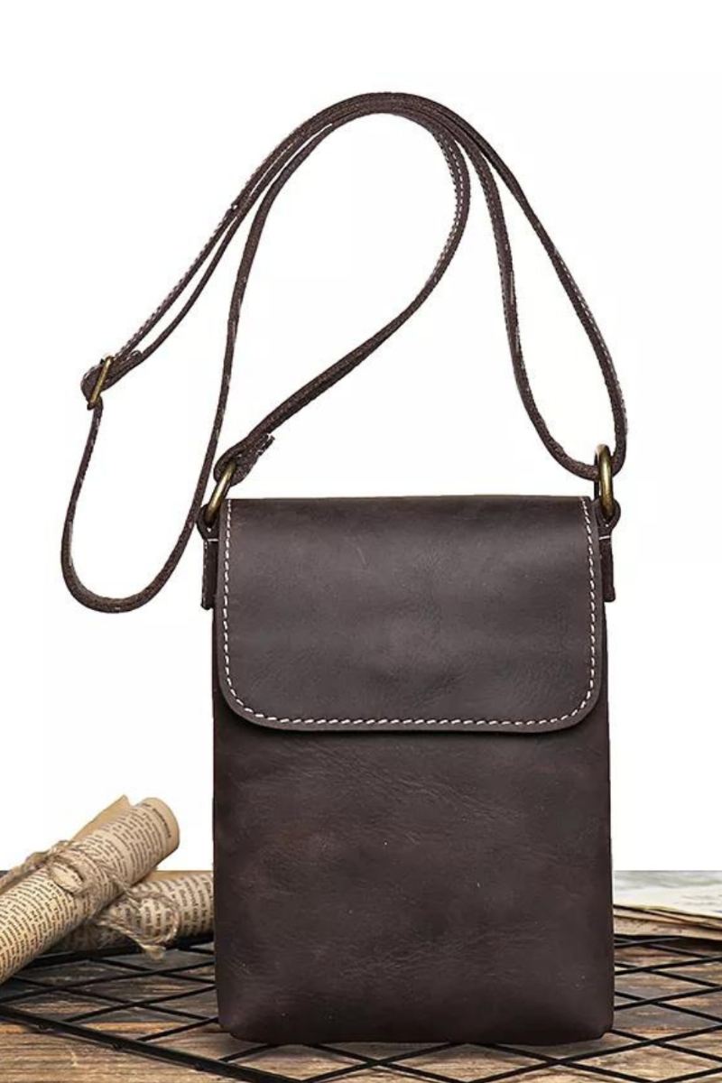 Retro Flip Czarna Mała Torba Na Ramię Dla Mężczyzn Prawdziwej Skóry Torby Crossbody Z Paskiem Mniejszość Design Man Simple