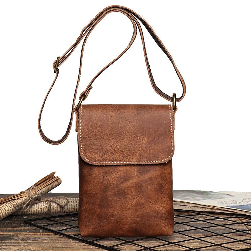 Retro Flip Czarna Mała Torba Na Ramię Dla Mężczyzn Prawdziwej Skóry Torby Crossbody Z Paskiem Mniejszość Design Man Simple - Czarny