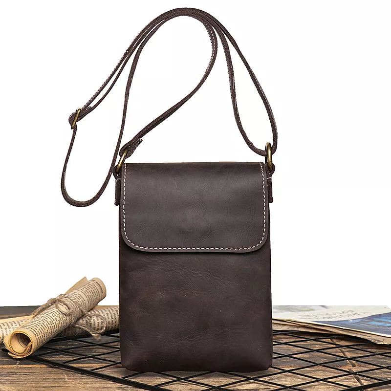 Retro Flip Czarna Mała Torba Na Ramię Dla Mężczyzn Prawdziwej Skóry Torby Crossbody Z Paskiem Mniejszość Design Man Simple - Czarny