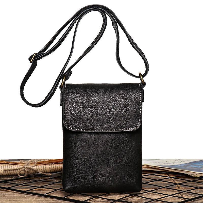 Retro Flip Czarna Mała Torba Na Ramię Dla Mężczyzn Prawdziwej Skóry Torby Crossbody Z Paskiem Mniejszość Design Man Simple - Czarny