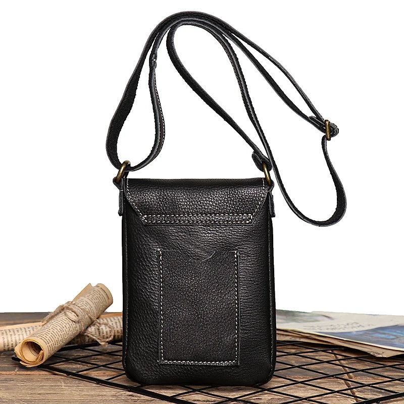 Retro Flip Czarna Mała Torba Na Ramię Dla Mężczyzn Prawdziwej Skóry Torby Crossbody Z Paskiem Mniejszość Design Man Simple - Czarny