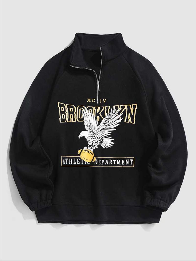 Bluzy Męskie Z Polarową Podszewką Brooklyn Eagle Bluza Z Grafiką Unisex Z Kapturem Z Golfem Zipper Streetwear Swetry - Czarny