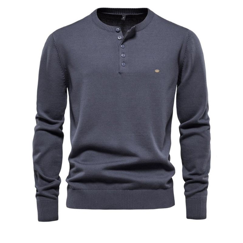 Henley Collar Męskie Swetry 100% Bawełna Jednokolorowe Casual Nowe Jesienne Cienkie Wysokiej Jakości Dla Mężczyzn - Niebieski