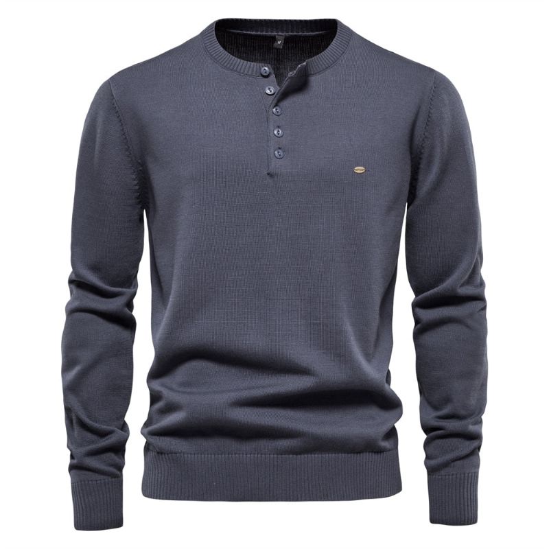 Henley Collar Męskie Swetry 100% Bawełna Jednokolorowe Casual Nowe Jesienne Cienkie Wysokiej Jakości Dla Mężczyzn - Niebieski