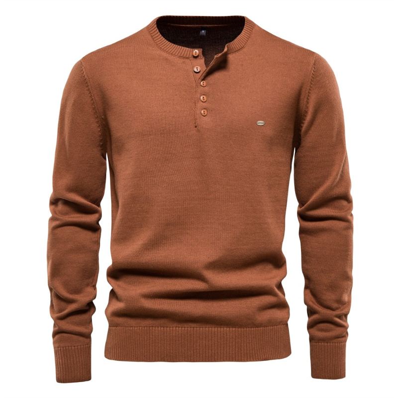 Henley Collar Męskie Swetry 100% Bawełna Jednokolorowe Casual Nowe Jesienne Cienkie Wysokiej Jakości Dla Mężczyzn - Niebieski