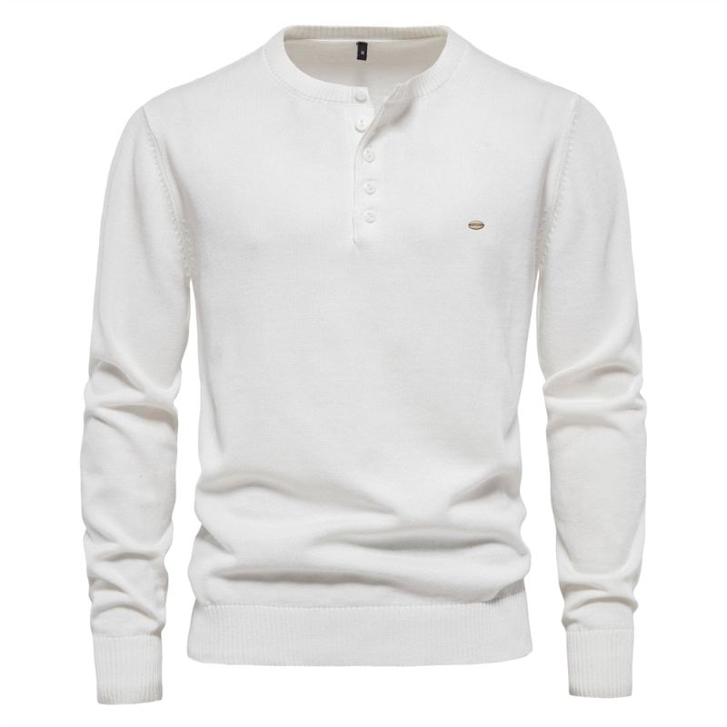 Henley Collar Męskie Swetry 100% Bawełna Jednokolorowe Casual Nowe Jesienne Cienkie Wysokiej Jakości Dla Mężczyzn - Niebieski