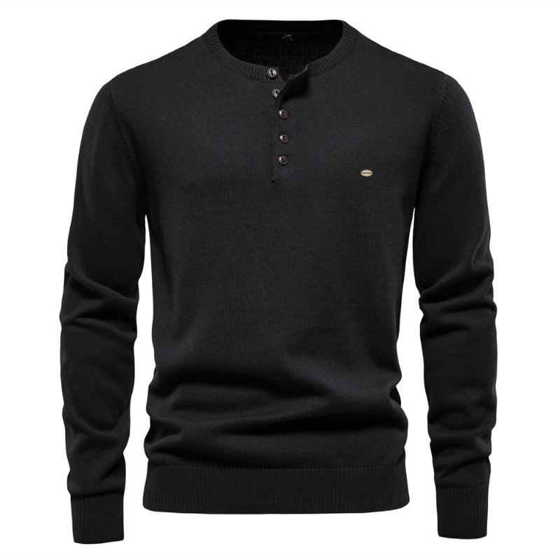 Henley Collar Męskie Swetry 100% Bawełna Jednokolorowe Casual Nowe Jesienne Cienkie Wysokiej Jakości Dla Mężczyzn - Niebieski