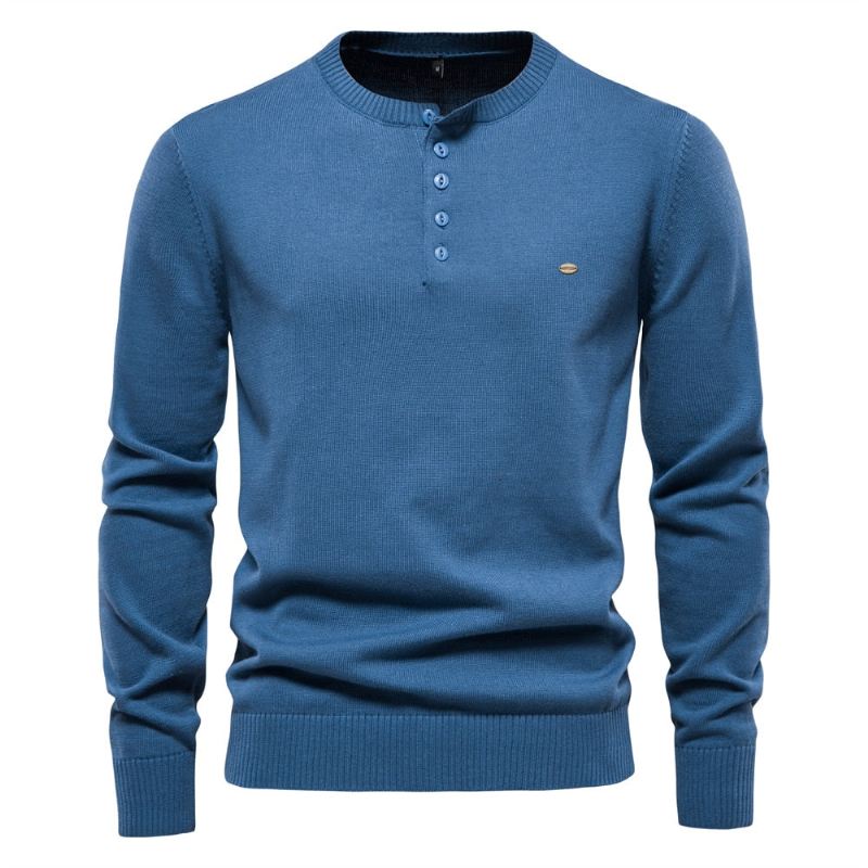 Henley Collar Męskie Swetry 100% Bawełna Jednokolorowe Casual Nowe Jesienne Cienkie Wysokiej Jakości Dla Mężczyzn - Niebieski