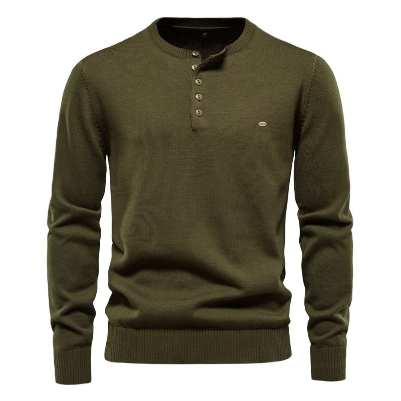 Henley Collar Męskie Swetry 100% Bawełna Jednokolorowe Casual Nowe Jesienne Cienkie Wysokiej Jakości Dla Mężczyzn - Niebieski