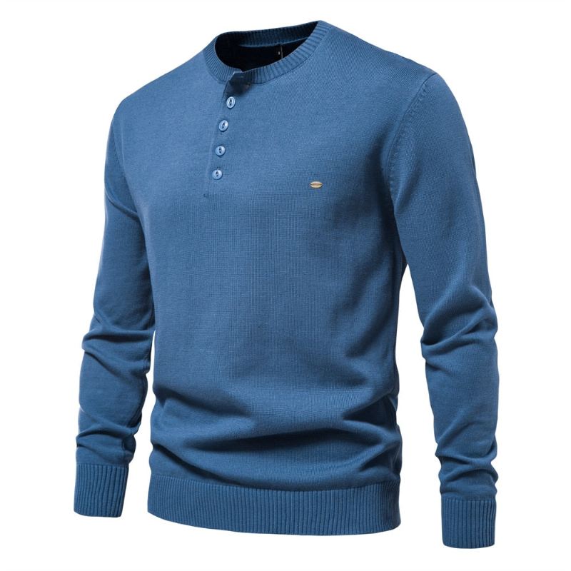 Henley Collar Męskie Swetry 100% Bawełna Jednokolorowe Casual Nowe Jesienne Cienkie Wysokiej Jakości Dla Mężczyzn - Niebieski